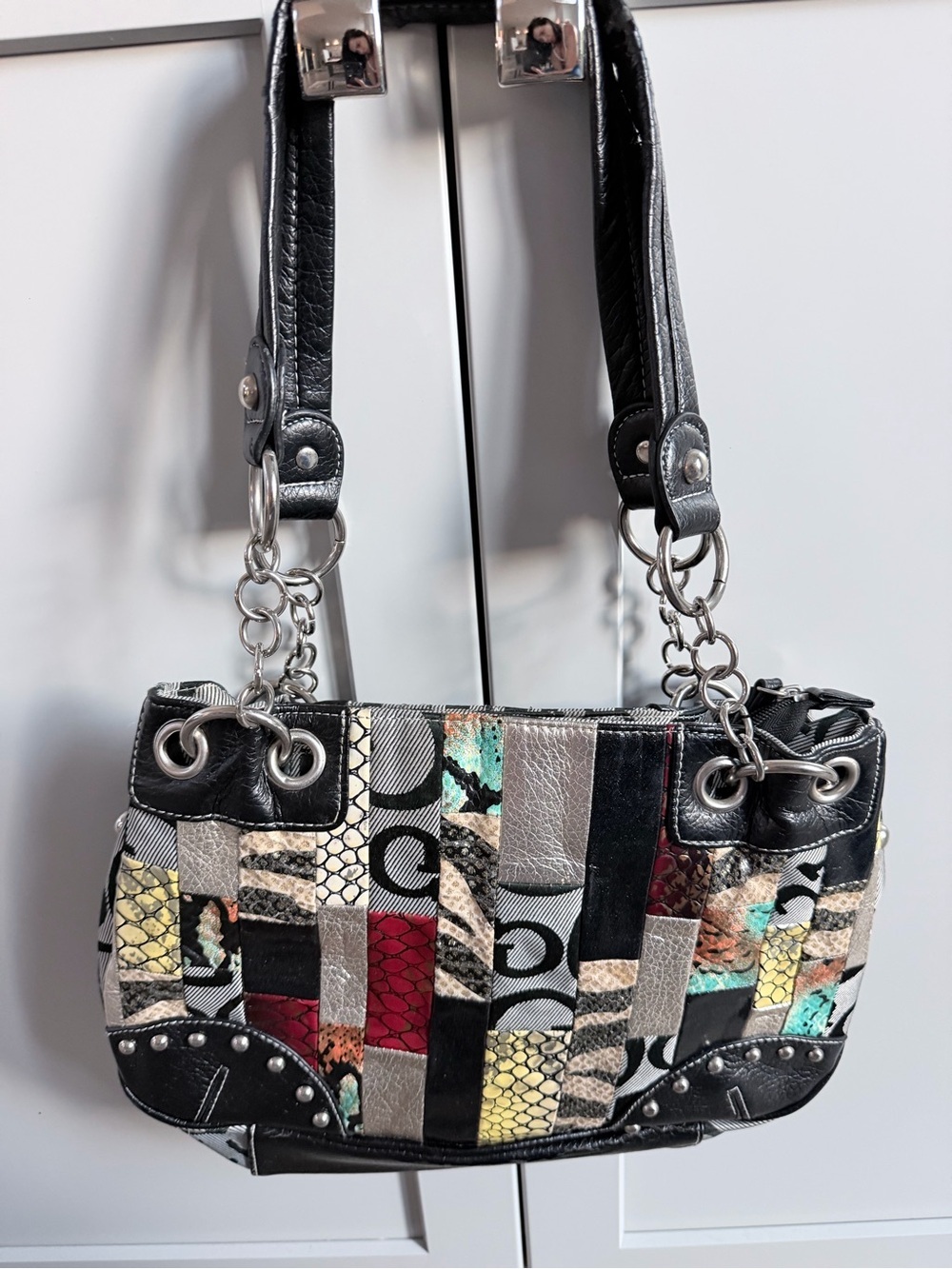 Vintage Patchwork Leather Shoulder Bag in Black Multi with lots of compartments